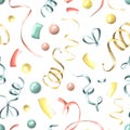 Multicolored ribbons and confetti on a white background. Watercolor illustration. festive, congratulatory, seamless Royalty Free Stock Photo