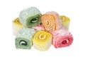 Multicolored rolls of fruity rahat-lokum