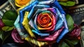 A multicolored rose made of money bills is sitting on a pile of money, AI