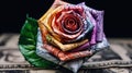 A multicolored rose sitting on top of a pile of money, AI