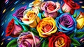 Multicolored roses flowers oil painting on canvas, beautiful colorful flowers background