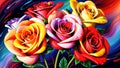 Multicolored roses flowers oil painting on canvas, beautiful colorful flowers background