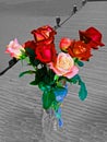 Multicolored roses in a vase on the step. Colorless base.