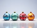 Multicolored round shiny festive Christmas balls on background of white snow