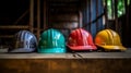 Multicolored Safety Construction Worker Hats. Teamwork of the construction team safety at work Royalty Free Stock Photo