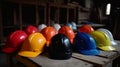 Multicolored Safety Construction Worker Hats. Teamwork of the construction team safety at work Royalty Free Stock Photo