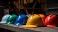 Multicolored Safety Construction Worker Hats. Teamwork of the construction team safety at work Royalty Free Stock Photo