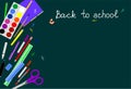 Multicolored school stationery accessories and white handwritten text back to school on a dark green background with copy space