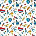 Multicolored school supplies, seamless pattern. Back to school.