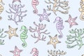 Multicolored seahorses, corals and starfishes, hand drawing seamless pattern