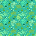 Botanical multicolored seamless pattern with leaves, apples and berries on a brig ht background