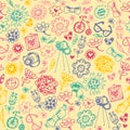 Multicolored seamless pattern with fashionable things.