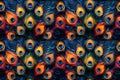 multicolored seamless pattern of peacock tail feathers on black background for decoration