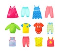 Multicolored seasonal childish clothes set. Ornamental cute wardrobe clothing for little boy or girl