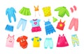 Multicolored seasonal childish clothes set. Ornamental cute wardrobe clothing for little boy or girl