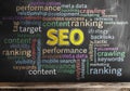 Multicolored SEO search engine optimization word cloud on chalkboard