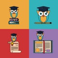 Multicolored set background with owl with school and graduation elements
