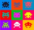 Multicolored set of pixel crab aliens.