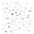 Multicolored simple hand-drawn decorative illustrations set. Doodles, stars, sparkles, hearts, decorations, frames Royalty Free Stock Photo