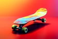 Multicolored skate board or skating surf board on vibrant color background, extreme lifestyle and active sports. Colorful cruiser