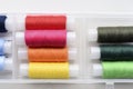 Multicolored skeins of thread in the set. The threads are in a plastic box Royalty Free Stock Photo