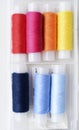 Multicolored skeins of thread in the set. The threads are in a plastic box Royalty Free Stock Photo