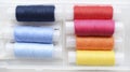 Multicolored skeins of thread in the set. The threads are in a plastic box Royalty Free Stock Photo