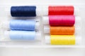 Multicolored skeins of thread in the set. The threads are in a plastic box Royalty Free Stock Photo