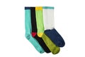 Multicolored socks set in different designs, Knitted knee high socks. High resolution photo isolated on white background Royalty Free Stock Photo