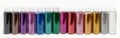 Multicolored sparkles in transparent jars on a white background. Set of 14 colors. Sparkles for slime. Spangles for manicure.