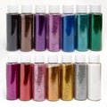 Multicolored sparkles in transparent jars on a white background. Set of 14 colors. Sparkles for slime. Spangles for manicure.