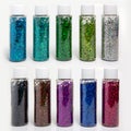 Multicolored sparkles in transparent jars on a white background. Set of 10 colors. Sparkles for slime. Spangles for manicure.