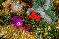 Multicolored sparkling christmas decorations background close up