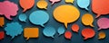 Multicolored speech bubbles on dark background. Represents diverse communication methods. Visualizes social media interactions,