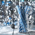 Multicolored spiral straw cocktails in a glass jar Mason on a festive New Year`s background. Sweet table. A table with a drink Royalty Free Stock Photo
