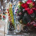 Multicolored spiral straw cocktails in a glass jar Mason on a festive New Year`s background. Sweet table. A table with a drink. Royalty Free Stock Photo