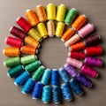 Multicolored spools of thread are arranged in a circular pattern on a wooden Royalty Free Stock Photo