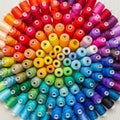 Multicolored spools of thread arranged in a circular rainbow like pattern Royalty Free Stock Photo