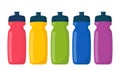 Multicolored sports bottles set. Fresh water plastic containers. Athlete accessory, fitness equipment store item. Active Royalty Free Stock Photo