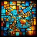 Multicolored stained glass window with sun rays on a dark background Royalty Free Stock Photo