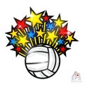 Multicolored stars fly out from volleyball ball and text all star. Vector sport logo isolated on white