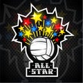 Multicolored stars fly out from volleyball ball and text all star. Vector sport logo