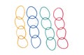 Multicolored stationery rubber bands stacked in colored chains on a white background