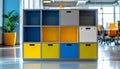 Multicolored storage cubby unit with blue yellow orange white and gray boxes in modern office Royalty Free Stock Photo