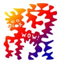 Multicolored stylized fantastic cat with the words `Wow!` Cheerful, joyful and positive drawing.