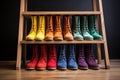 multicolored suede boots on a black shelf