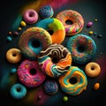 Multicolored sweet donuts. Generative AI