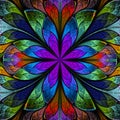 Multicolored symmetrical fractal flower in stained-glass window