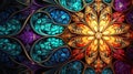 Multicolored symmetrical pattern in stained-glass window style. Computer-generated graphics. Generative AI Royalty Free Stock Photo