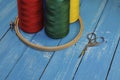 Multicolored threads, hoop and scissors for sewing and embroider Royalty Free Stock Photo